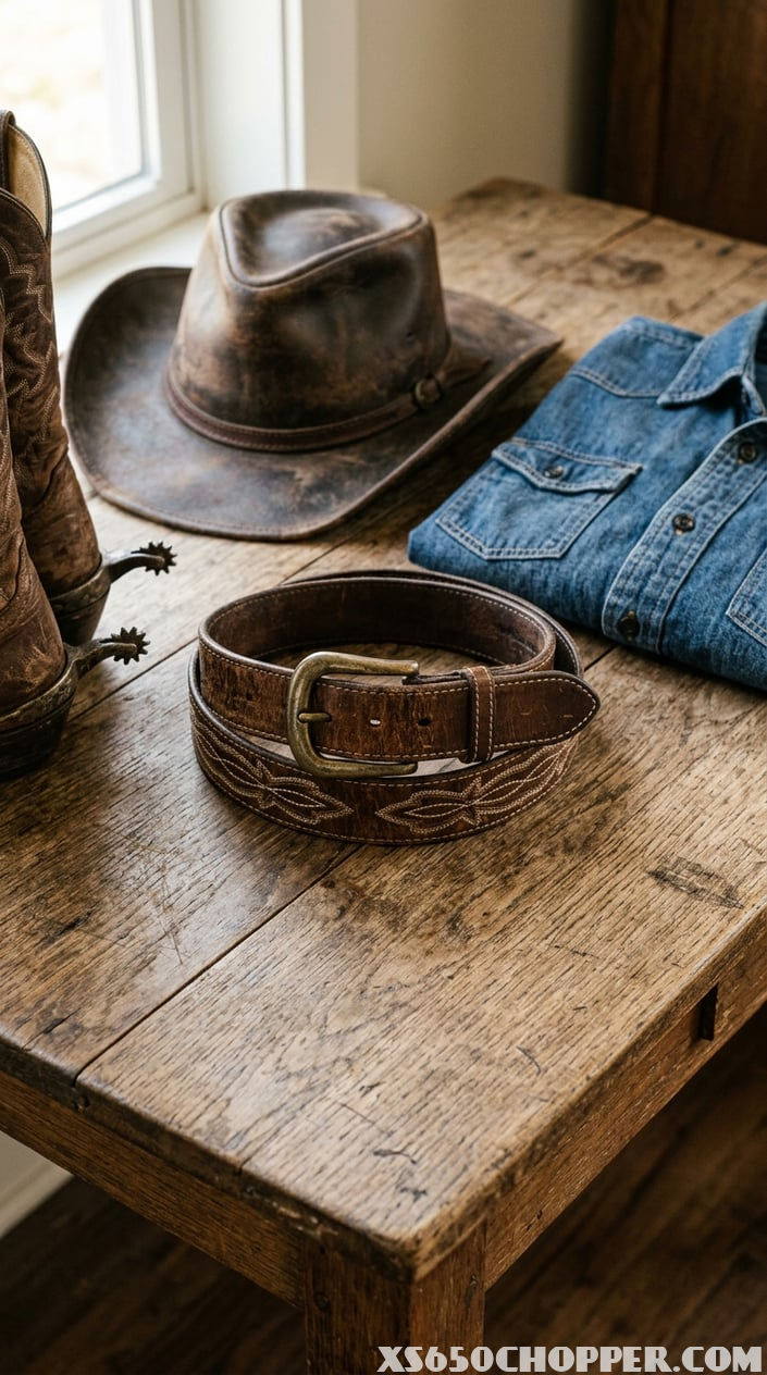 Close-up of a vintage leather belt with a metal buckle on a wooden surface, next to a cowboy hat, boots, and a denim shirt.