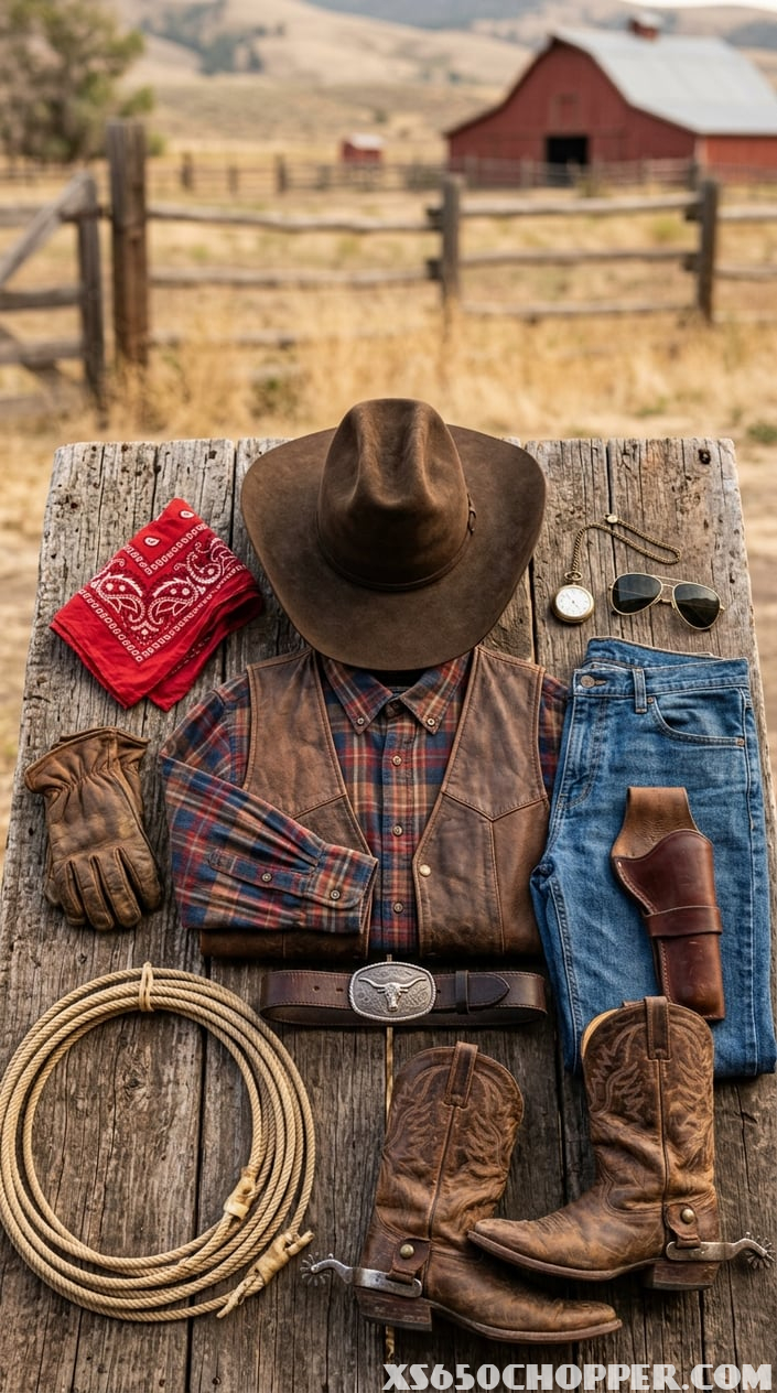 A neatly arranged cowboy outfit including a hat, boots with spurs, belt, jeans, shirt, vest, bandana, gloves, lasso, and accessories on a wooden surface.