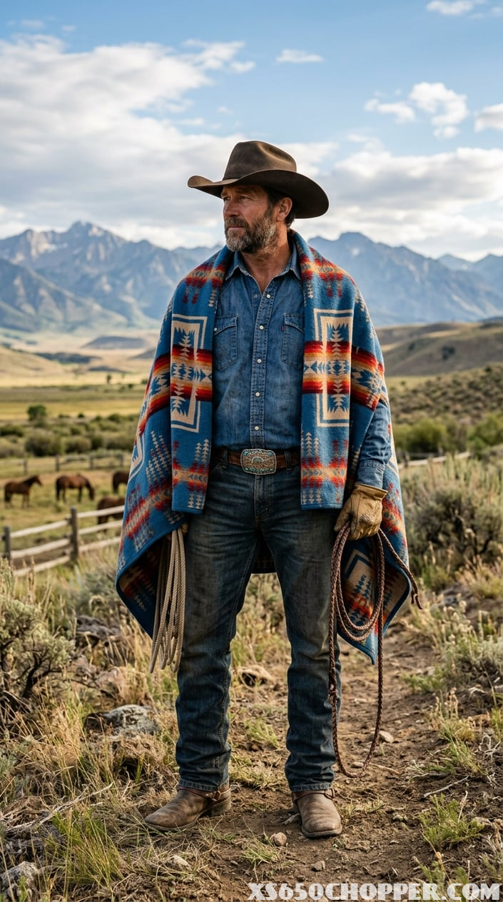 A cowboy wearing a Pendleton Chief Joseph blanket and a cowboy hat standing outdoors in a western landscape.