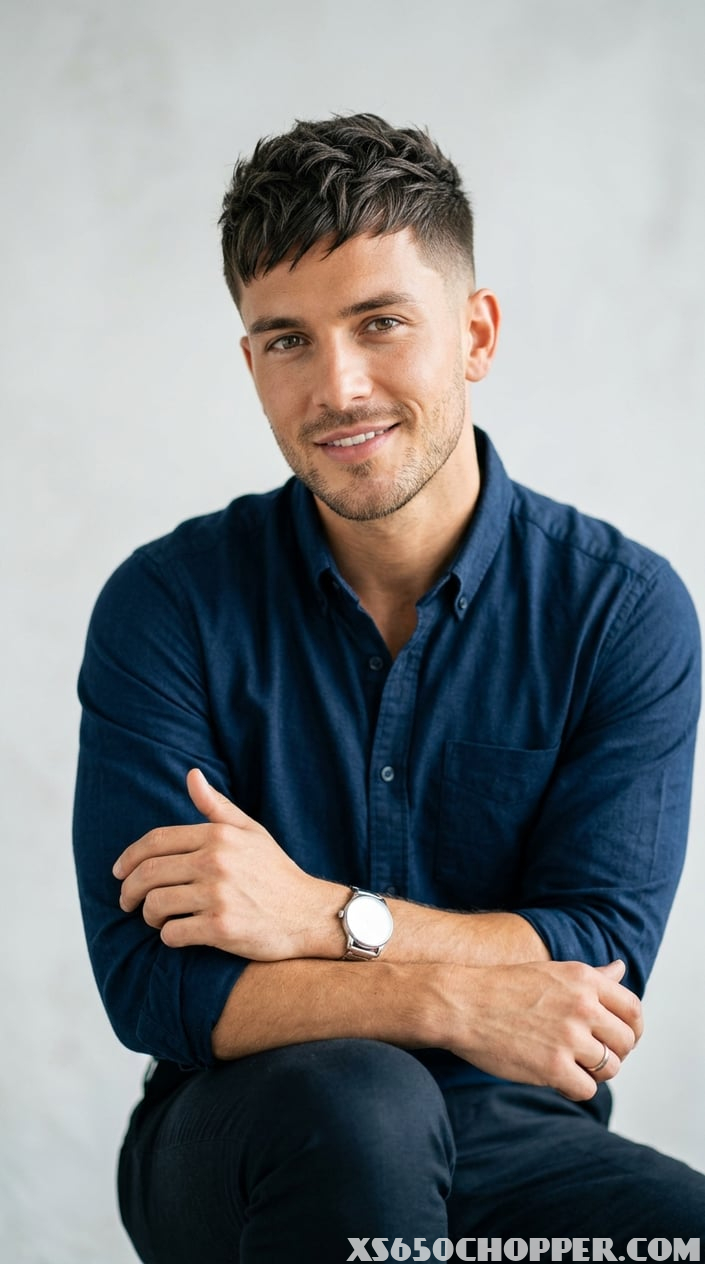 A young man with a short textured haircut looking at the camera against a plain background.