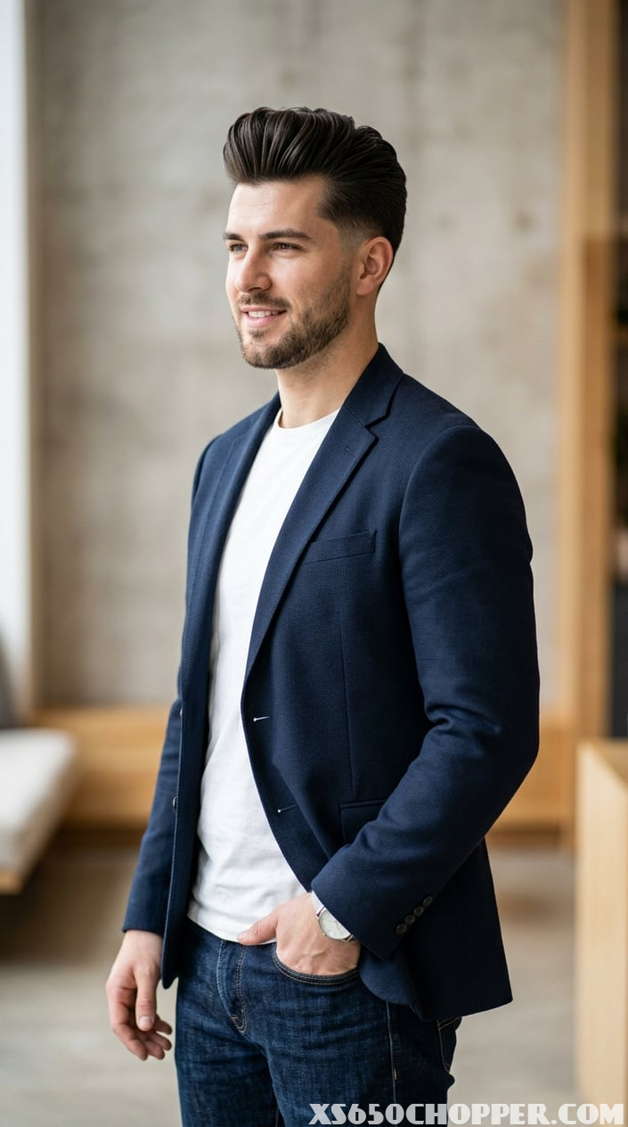 A young man with a fashionable haircut standing against a plain background.
