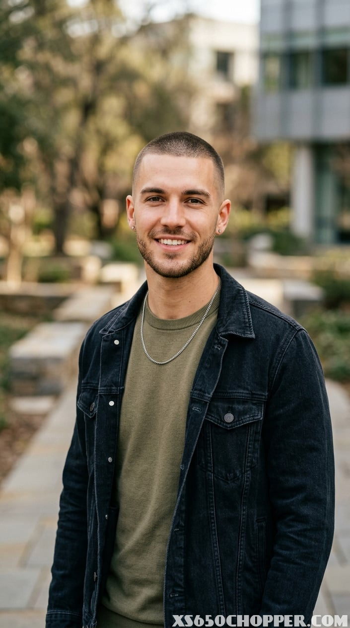 A young man with short hair standing outdoors, looking confidently at the camera.