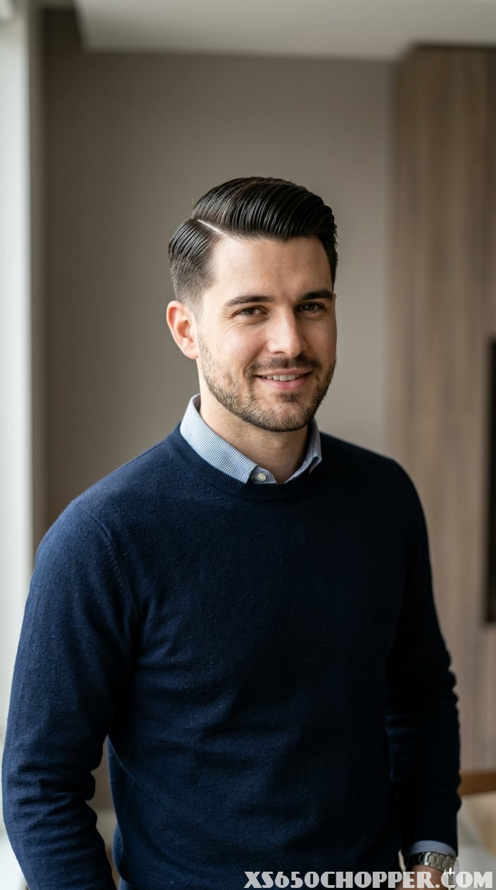 A man with neatly combed hair and a defined side part, wearing a smart casual outfit, photographed from the shoulders up against a plain background.