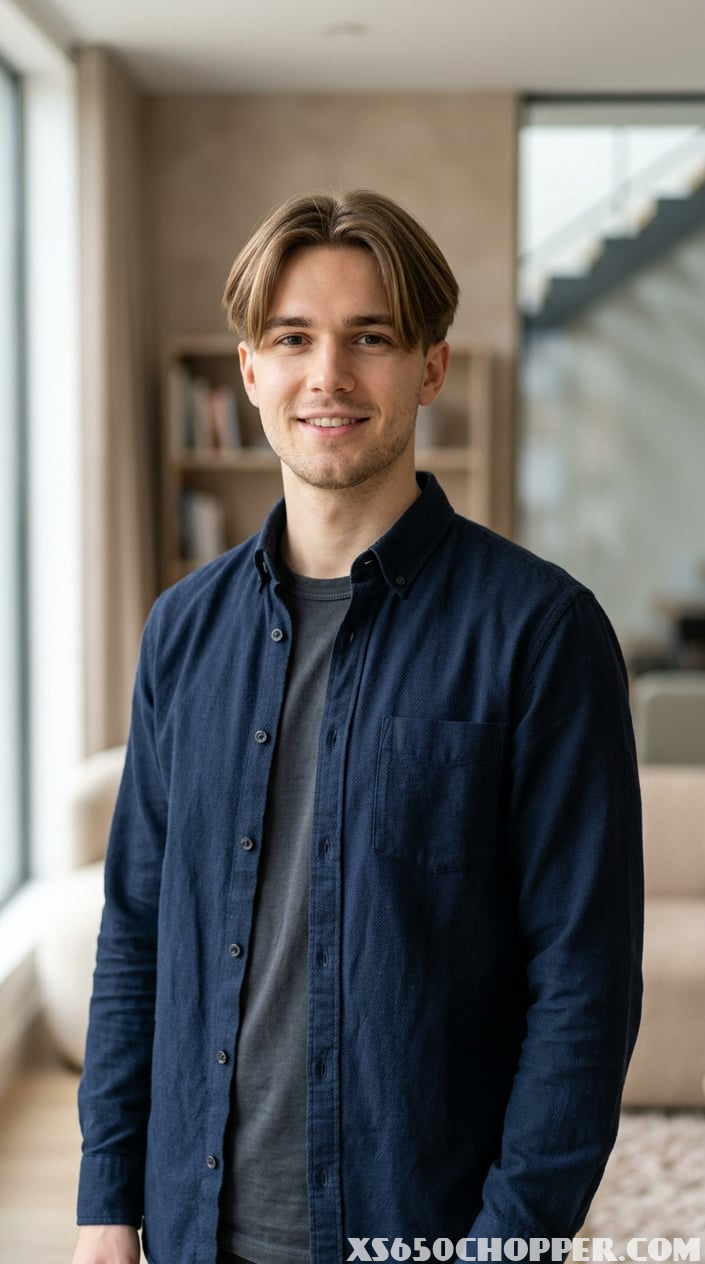 Portrait of a young man with straight hair parted in the middle, looking confidently at the camera against a plain background.