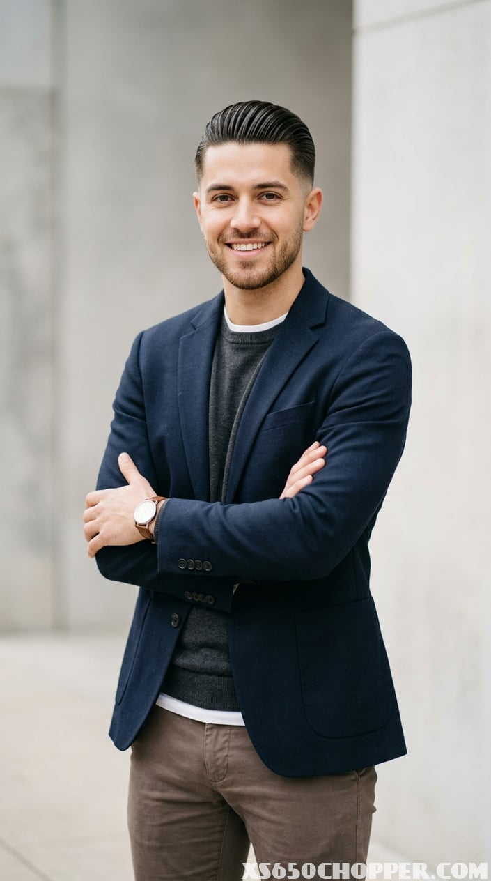 A young man with neatly styled hair standing against a plain background, looking confident and relaxed.