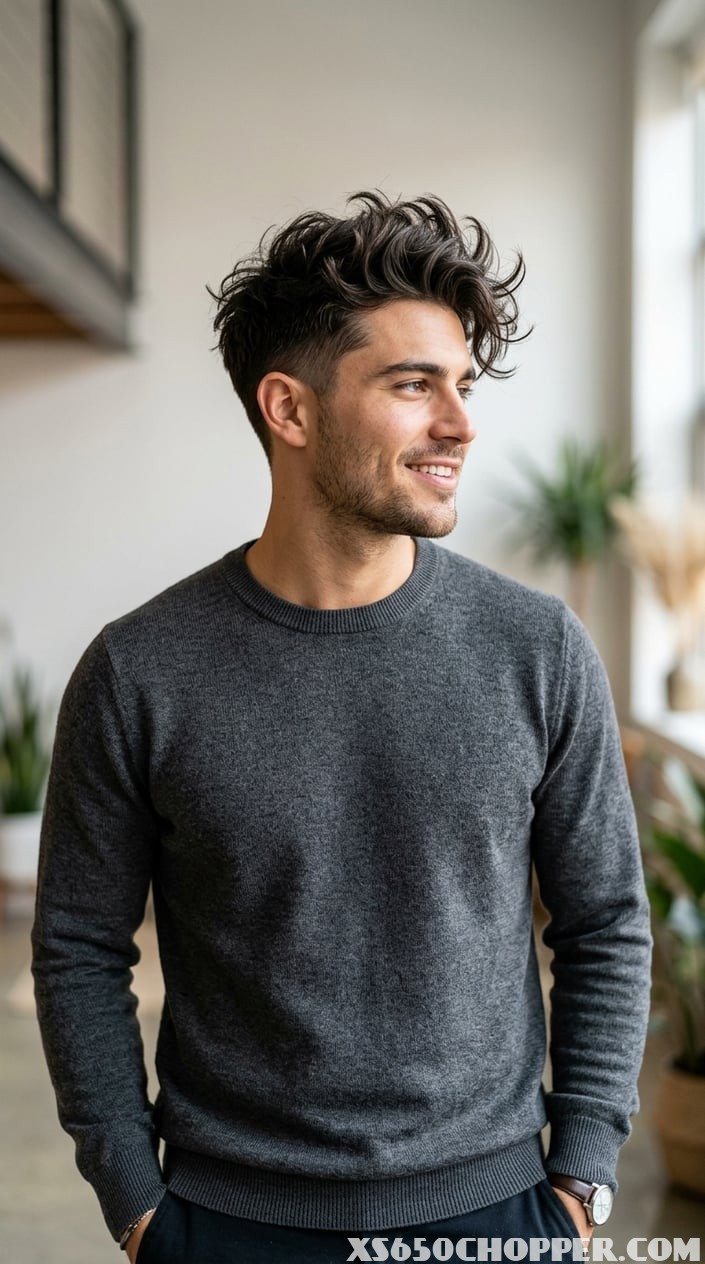 A young man with textured hair styled in a messy top, looking slightly to the side against a plain background.