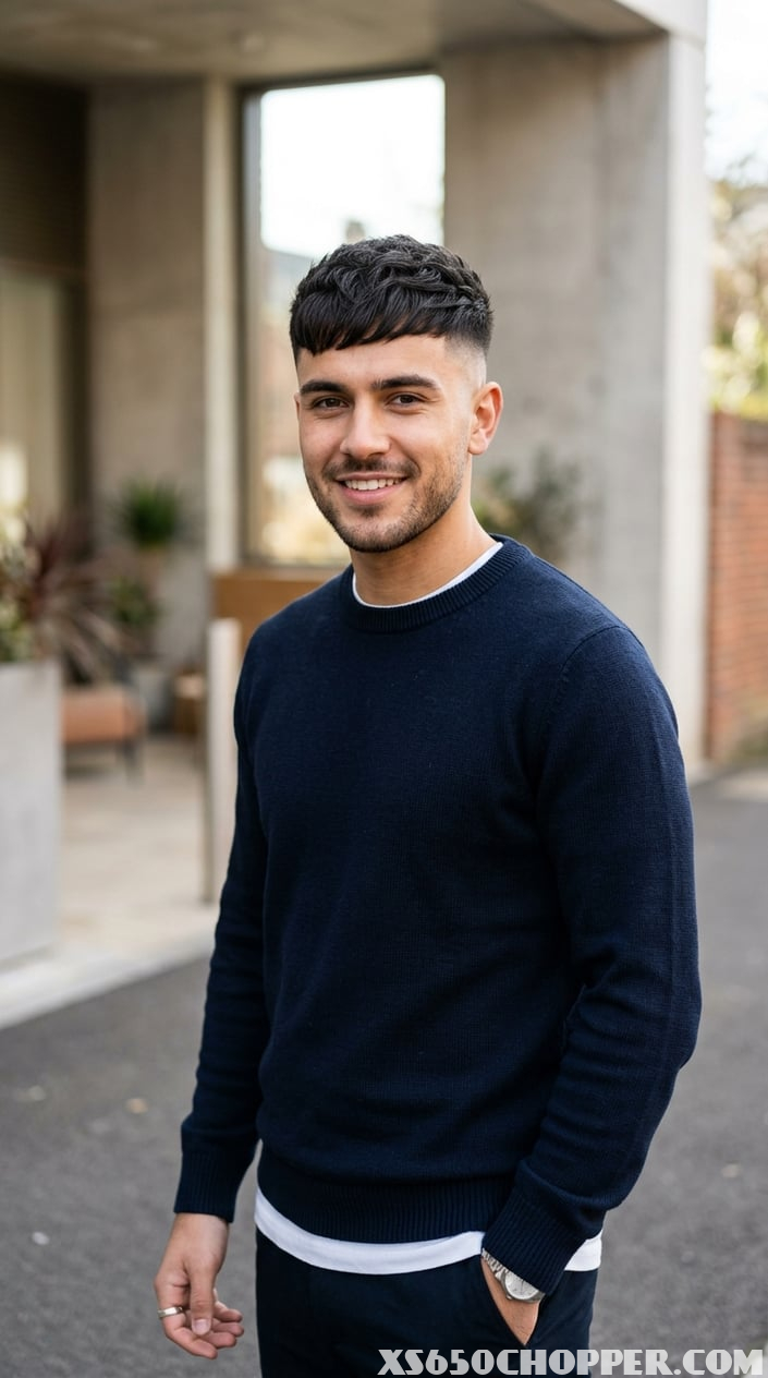 A young man with short dark hair and a clean haircut, wearing a smart casual outfit, standing against a neutral background.