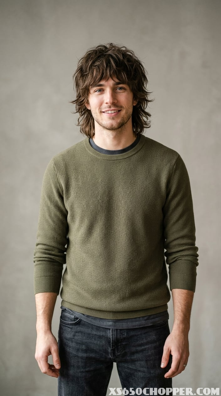 A young man with layered hair standing against a plain background, looking confidently at the camera.