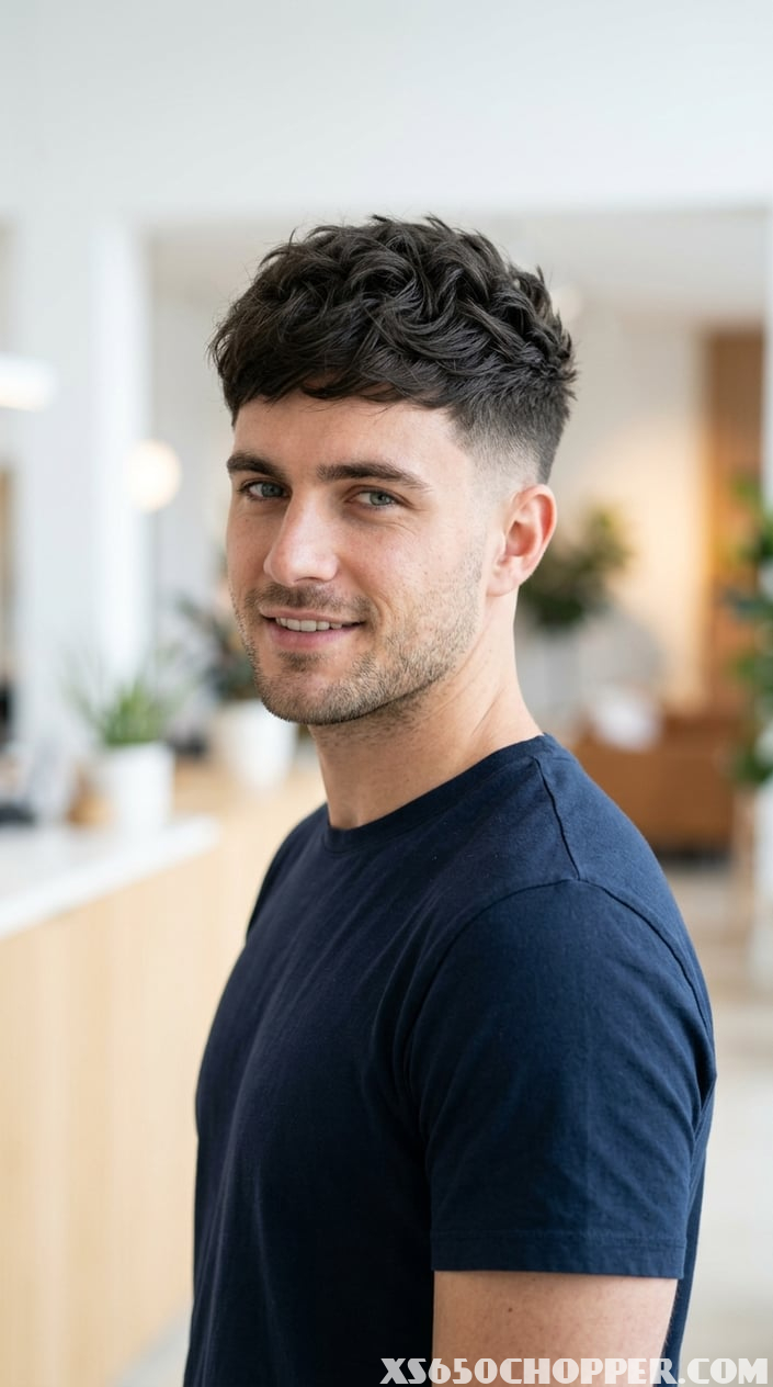 A young man with thick hair styled in a textured crop haircut with short sides, looking confidently at the camera.