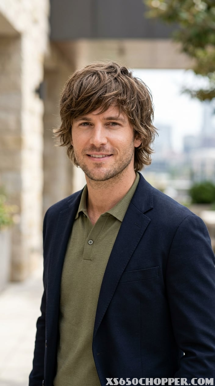 A man with thick, layered medium-length hair smiling against a neutral background.