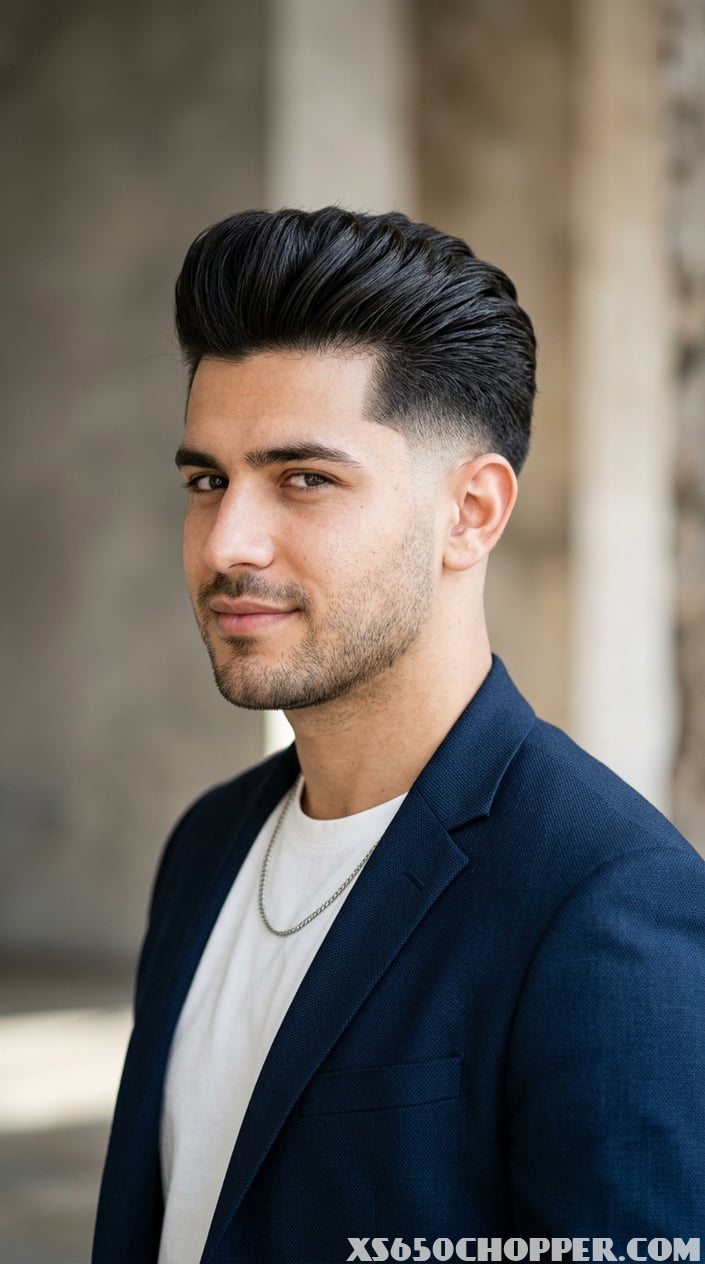 Young man with thick hair styled in a tapered pompadour haircut, facing slightly to the side.