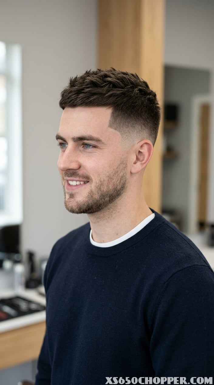 A young man with a short, neatly textured haircut looking slightly to the side against a plain background.