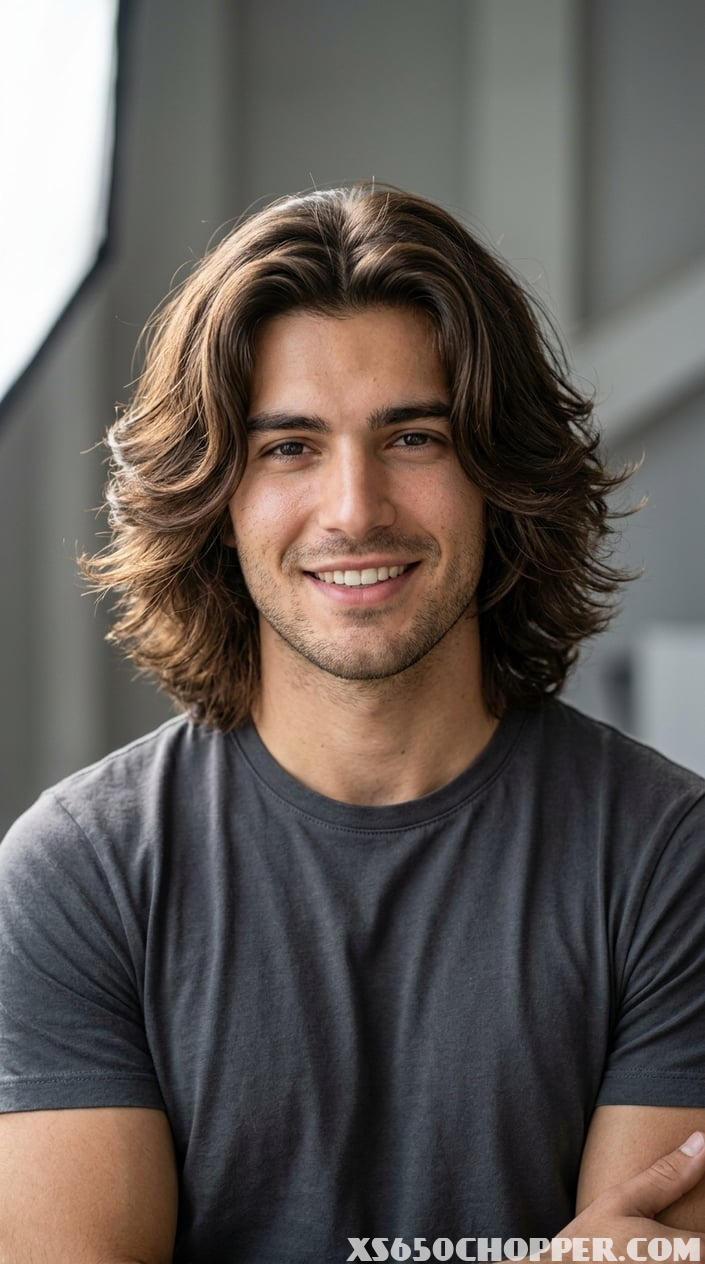 A young man with thick hair styled in a long layered curtain haircut, standing against a plain background.