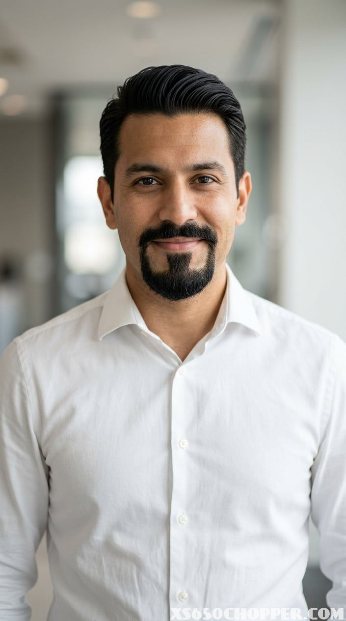 Close-up portrait of a confident man with neatly groomed facial hair wearing a white shirt against a neutral background.