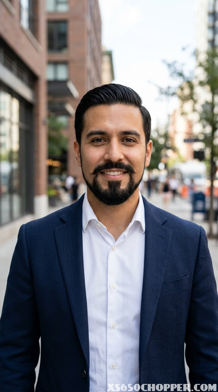 A confident man wearing a white dress shirt and dark blazer, standing outdoors with a blurred city background.