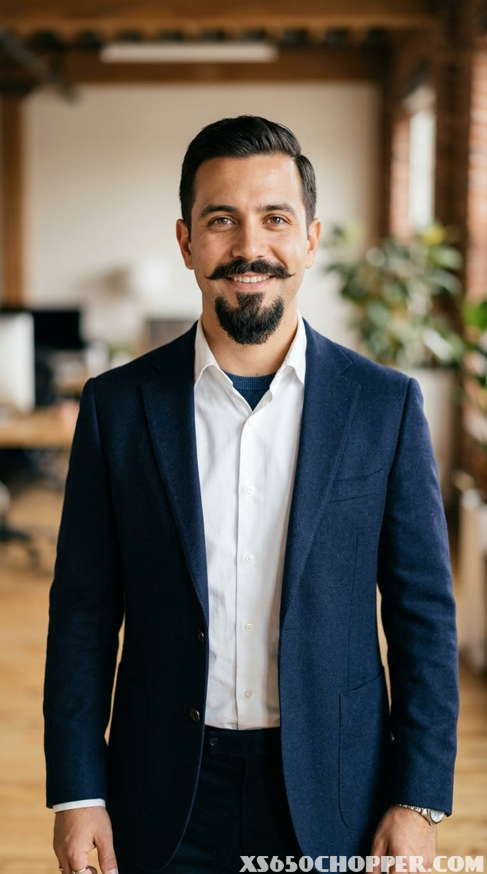 Portrait of a man with neatly groomed facial hair, wearing a white shirt and navy blazer, looking at the camera against a neutral background.