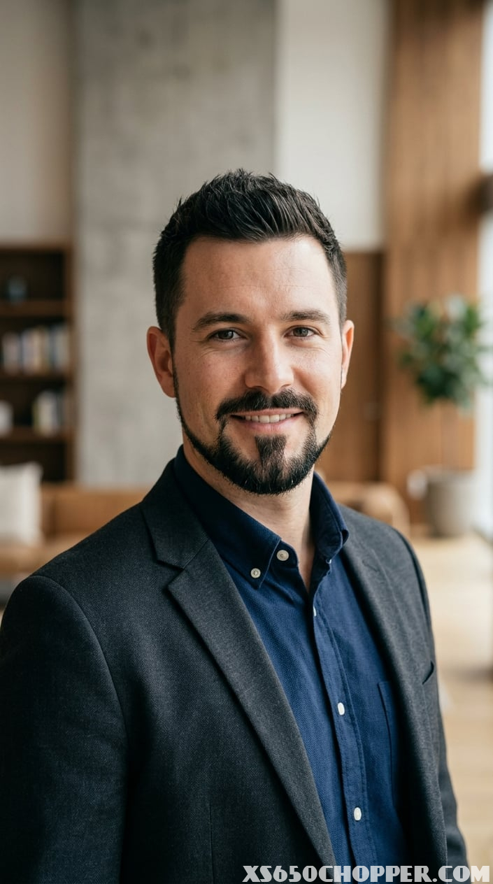 Portrait of a confident man with neatly groomed facial hair, wearing a smart casual shirt against a neutral background.