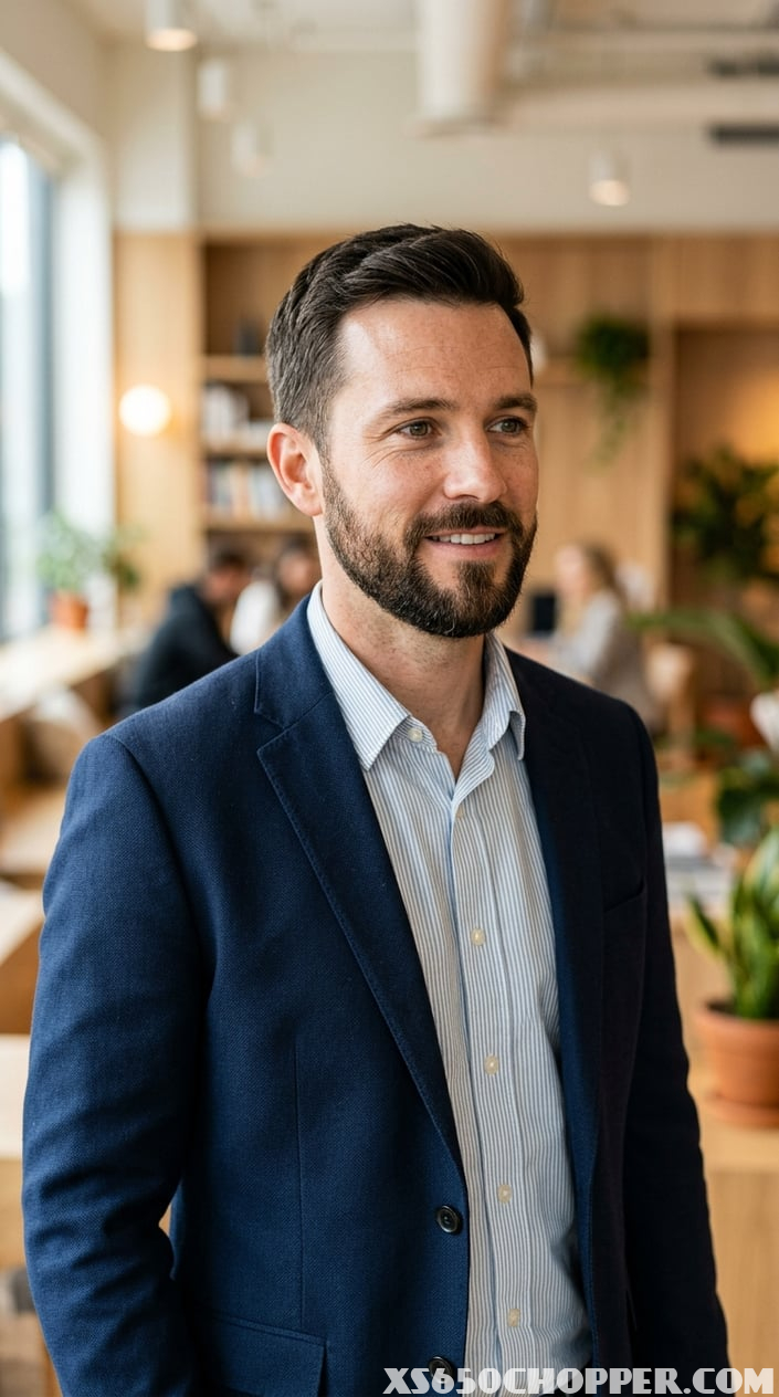 Portrait of a man with a neatly groomed beard looking slightly to the side in a softly lit indoor setting.