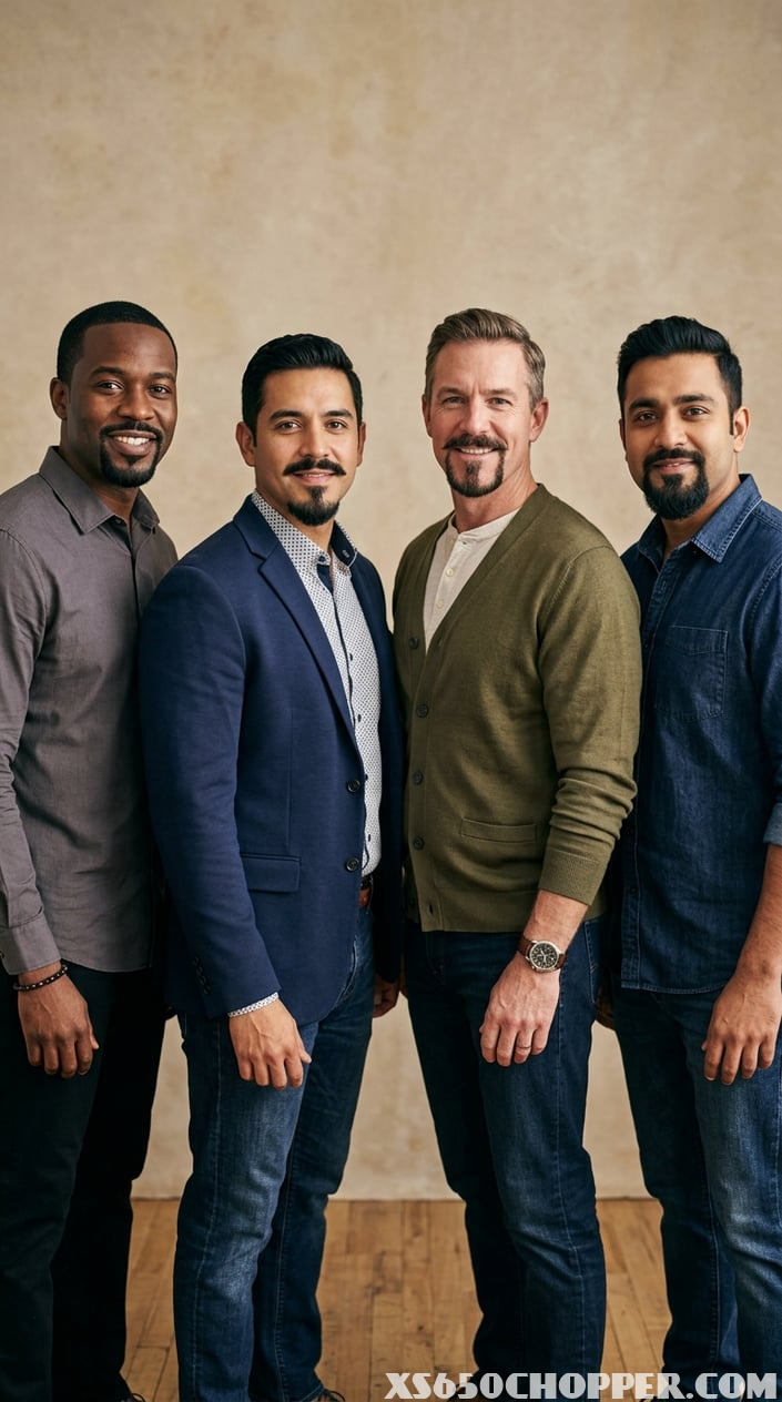 Four men with different styles of facial hair posing in a studio setting.