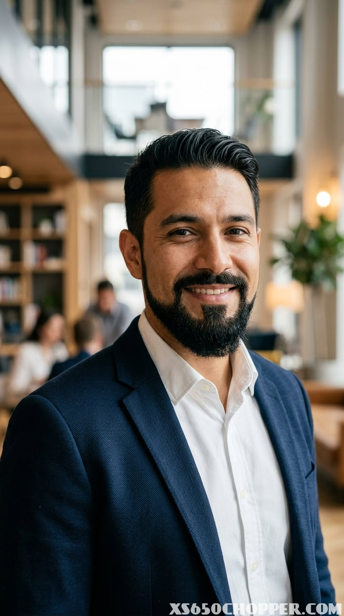 Close-up of a confident man with a neatly groomed beard, wearing a white shirt and dark blazer, standing in a modern office setting.