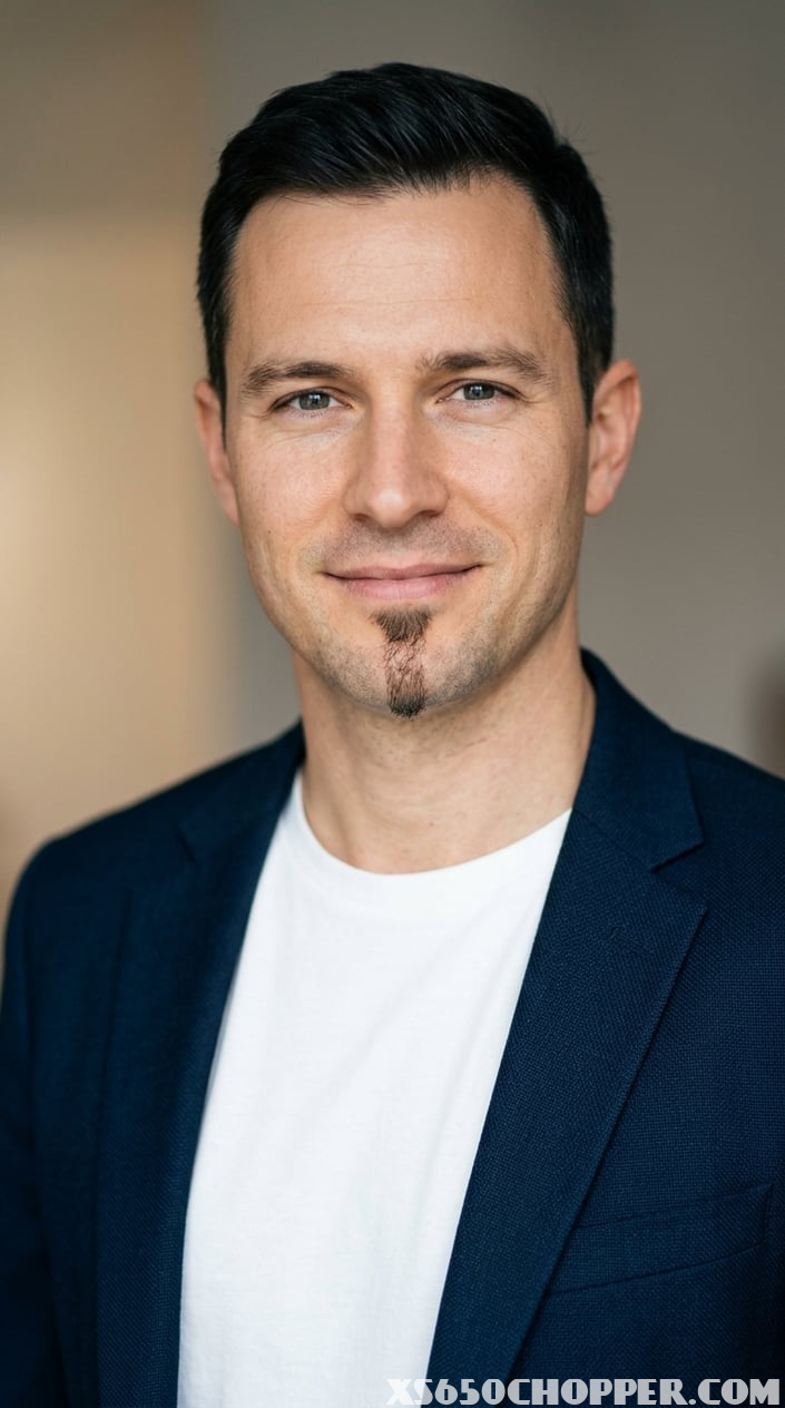 Close-up portrait of a man with a small patch of facial hair below his lower lip, smiling slightly against a neutral background.