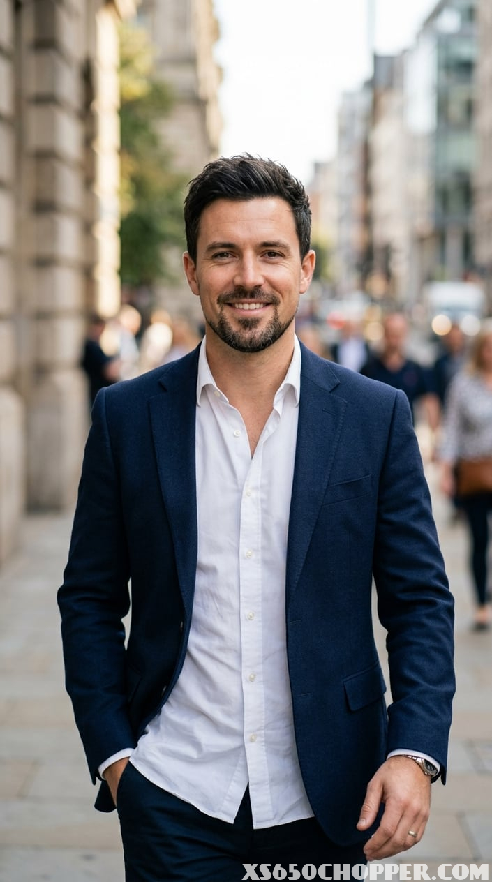 Portrait of a confident man with short facial hair, wearing a white shirt and navy blazer, standing outdoors with a blurred background.