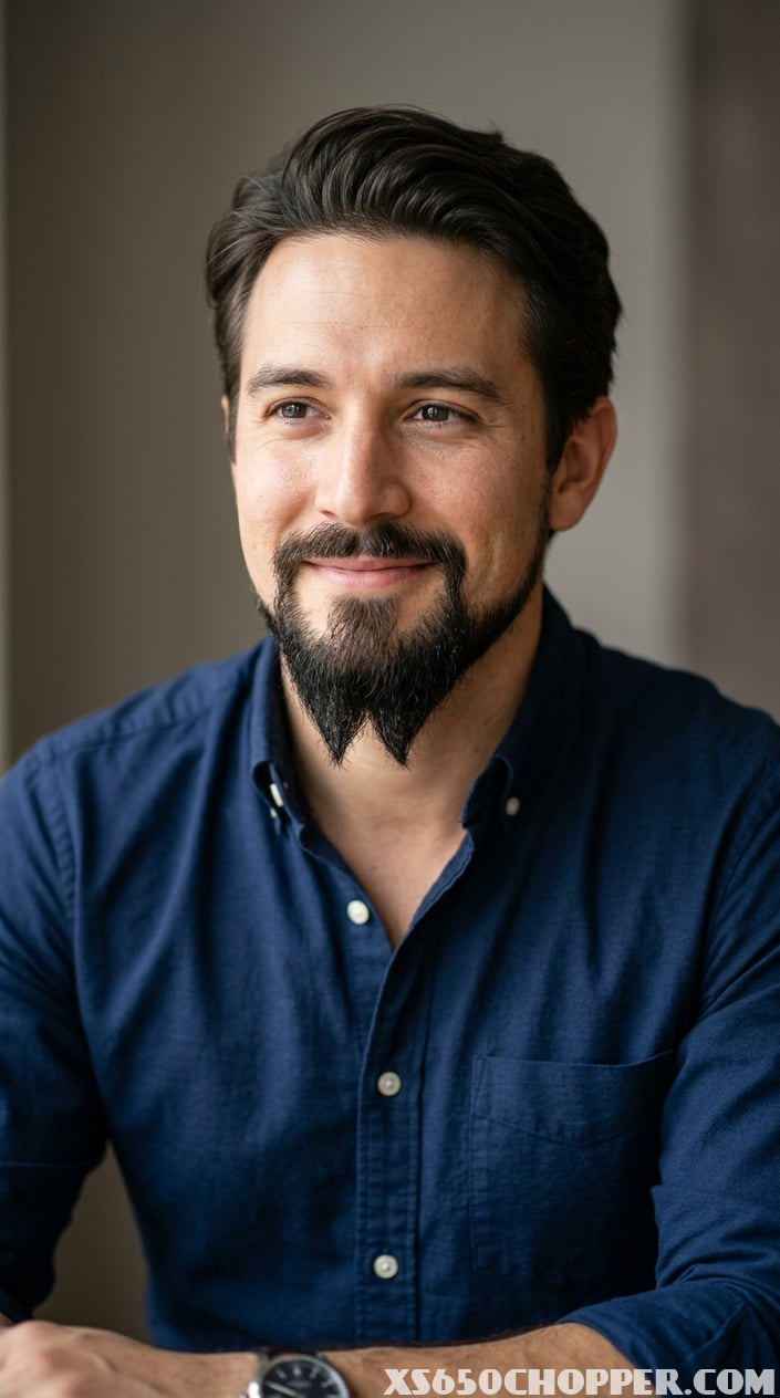 Portrait of a man with neatly styled facial hair and a confident expression against a neutral background.