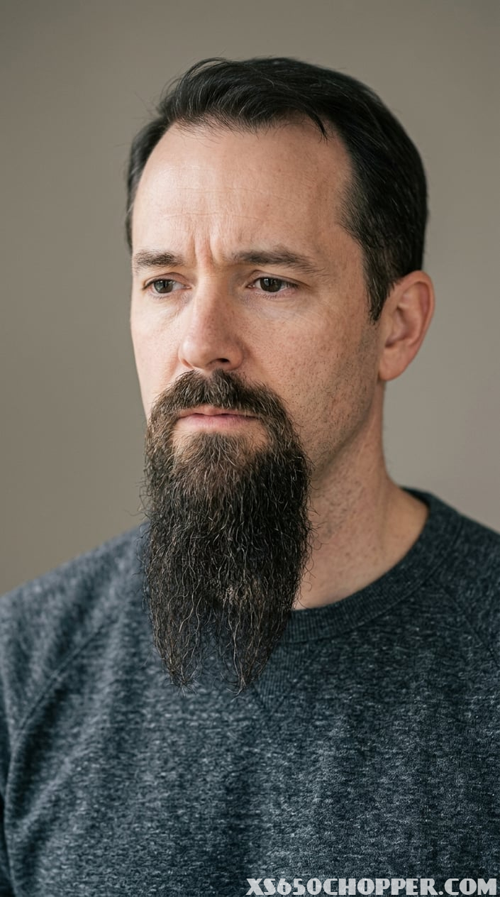 Portrait of a man with a goatee that extends below his chin, looking thoughtful against a plain background.