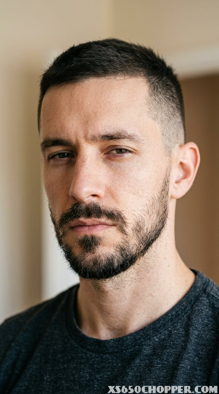 Close-up of a man with a goatee and very short tapered sides haircut, showing how the style makes his face appear longer.