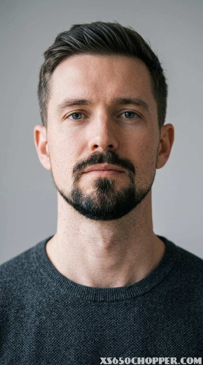 Close-up of a man with a high neckline goatee beard shaved just above the Adam’s apple, shown from the shoulders up.
