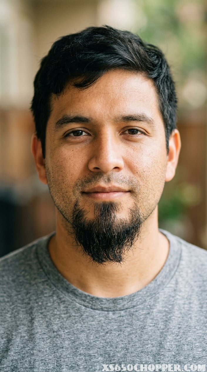 Close-up of a man with an unevenly trimmed goatee creating a long center strip on his face.
