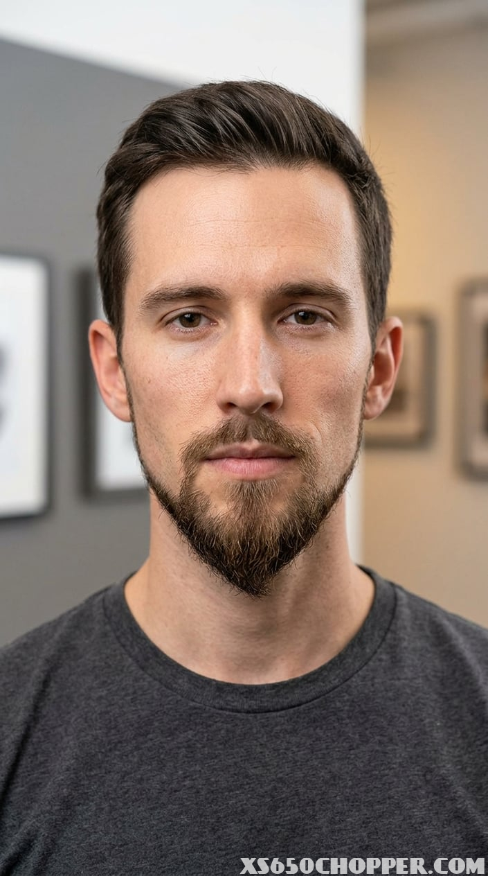 Close-up of a man with a sharply pointed chin and a goatee, showing his facial features clearly.