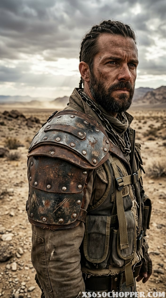 Close-up of a man wearing a rivet-studded shoulder pauldron in a barren desert landscape.