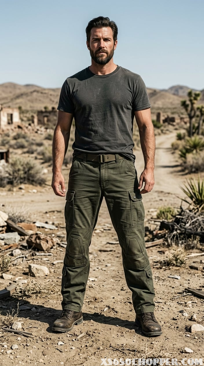 A man standing outdoors in a dry, rocky landscape wearing durable cargo pants with reinforced knees.