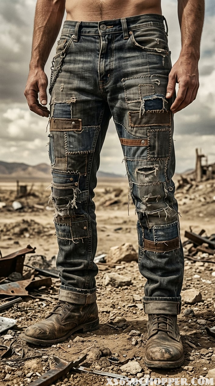 Close-up of a man wearing distressed denim jeans with patchwork, standing in a dusty wasteland.
