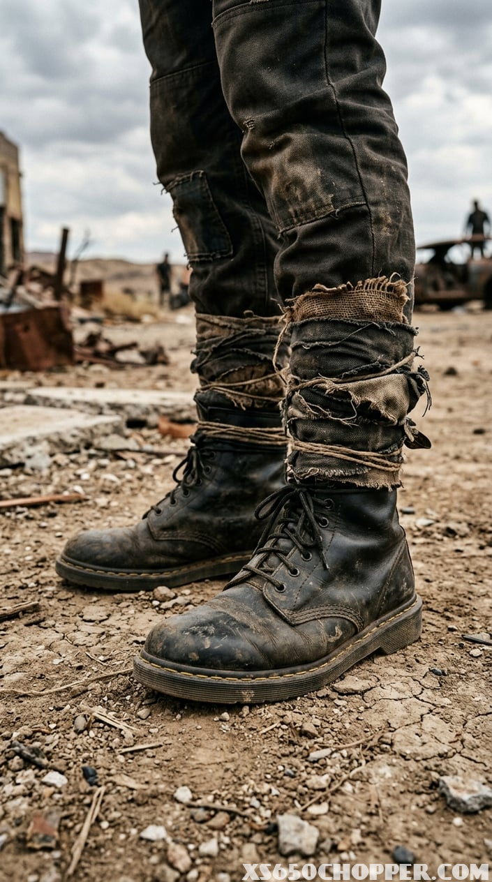 A pair of worn combat boots with fabric wraps on dusty ground in a barren outdoor setting.