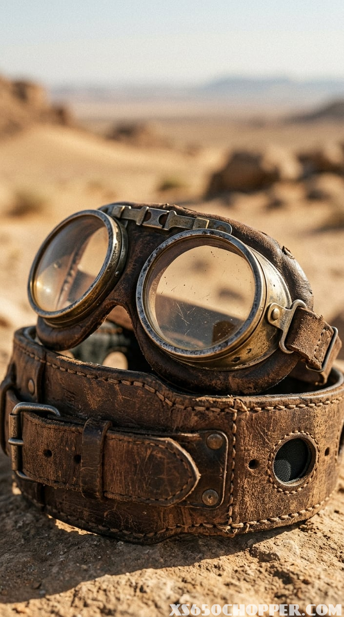 Close-up of aviator-style goggles resting on a worn leather headband against a blurred desert background.