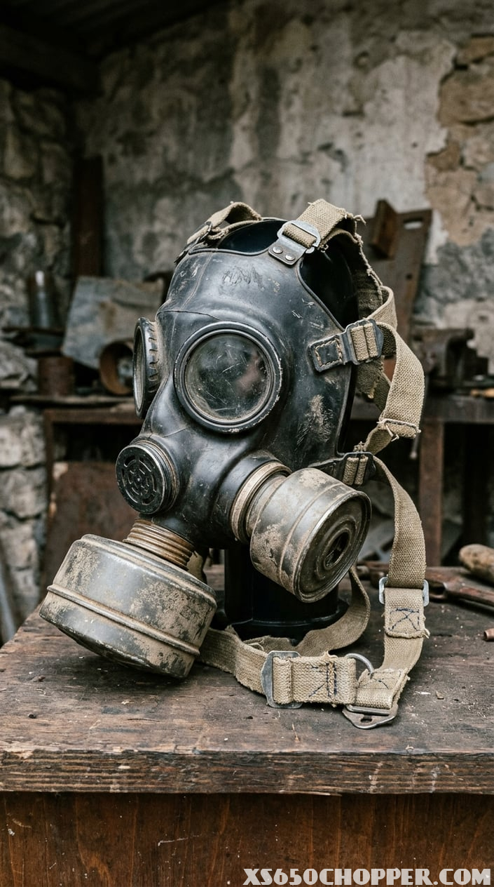 An authentic surplus gas mask with canvas straps displayed against a neutral background.
