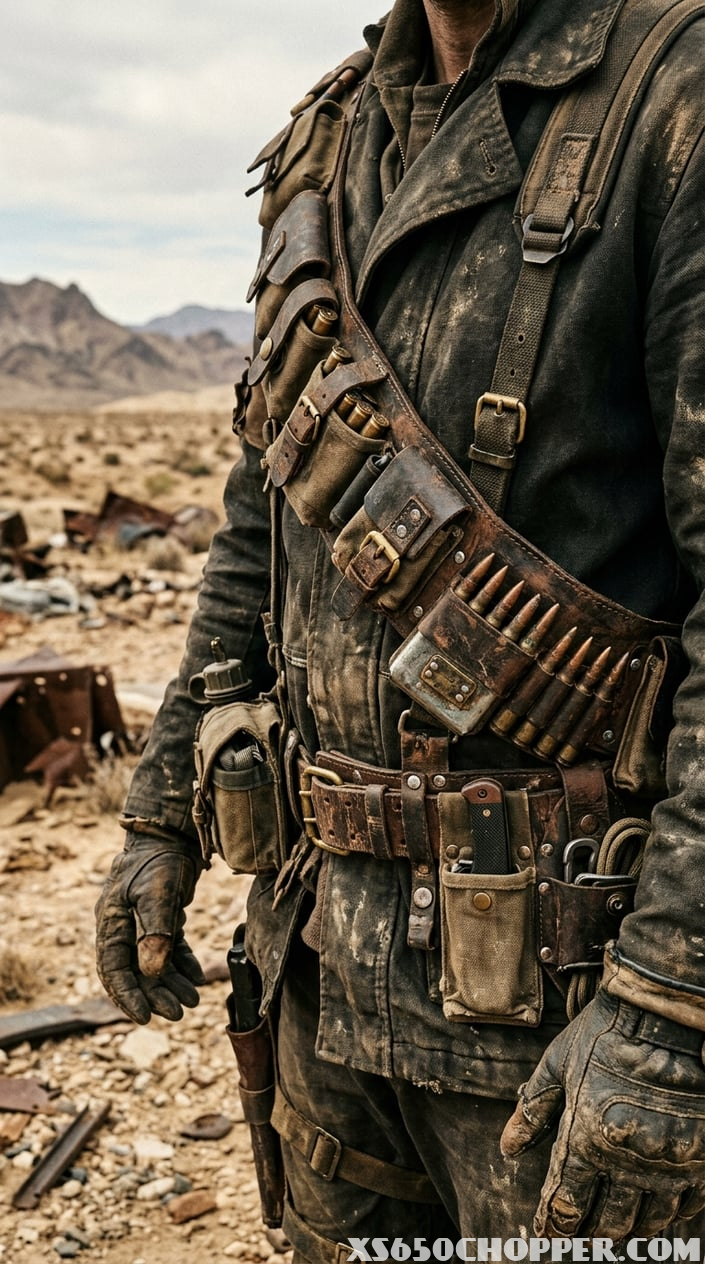 Close-up of a bandolier-style ammo belt with pouches worn over a rugged outfit in a desolate wasteland setting.