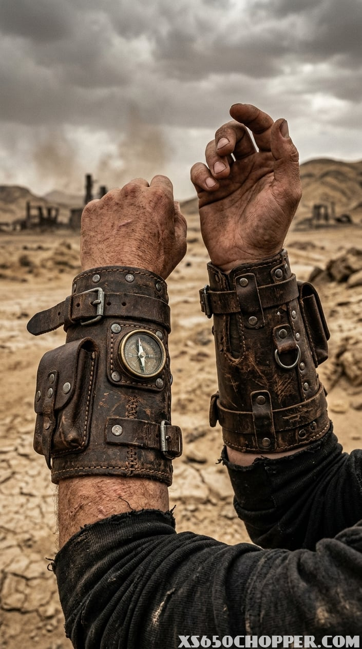 Close-up of a man's forearms wearing handmade leather utility bracers with metal details against a desert background.