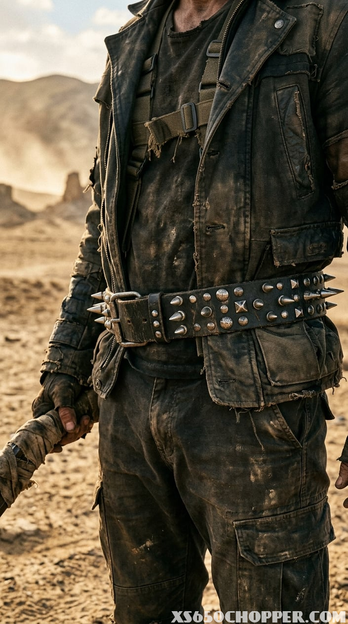 Close-up of a black leather spiked belt worn by a man in rugged wasteland clothing in a desert setting.