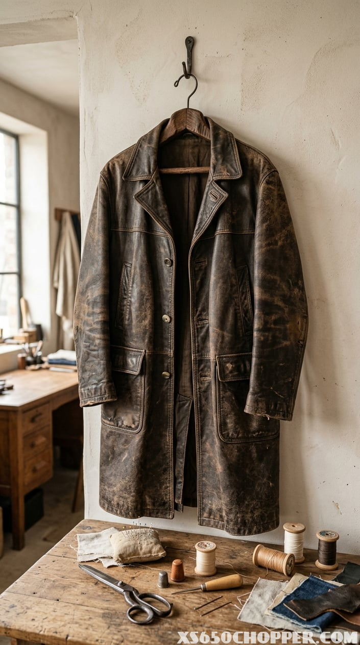 A distressed leather duster coat hanging on a wooden hanger with sewing tools and fabric scraps nearby.