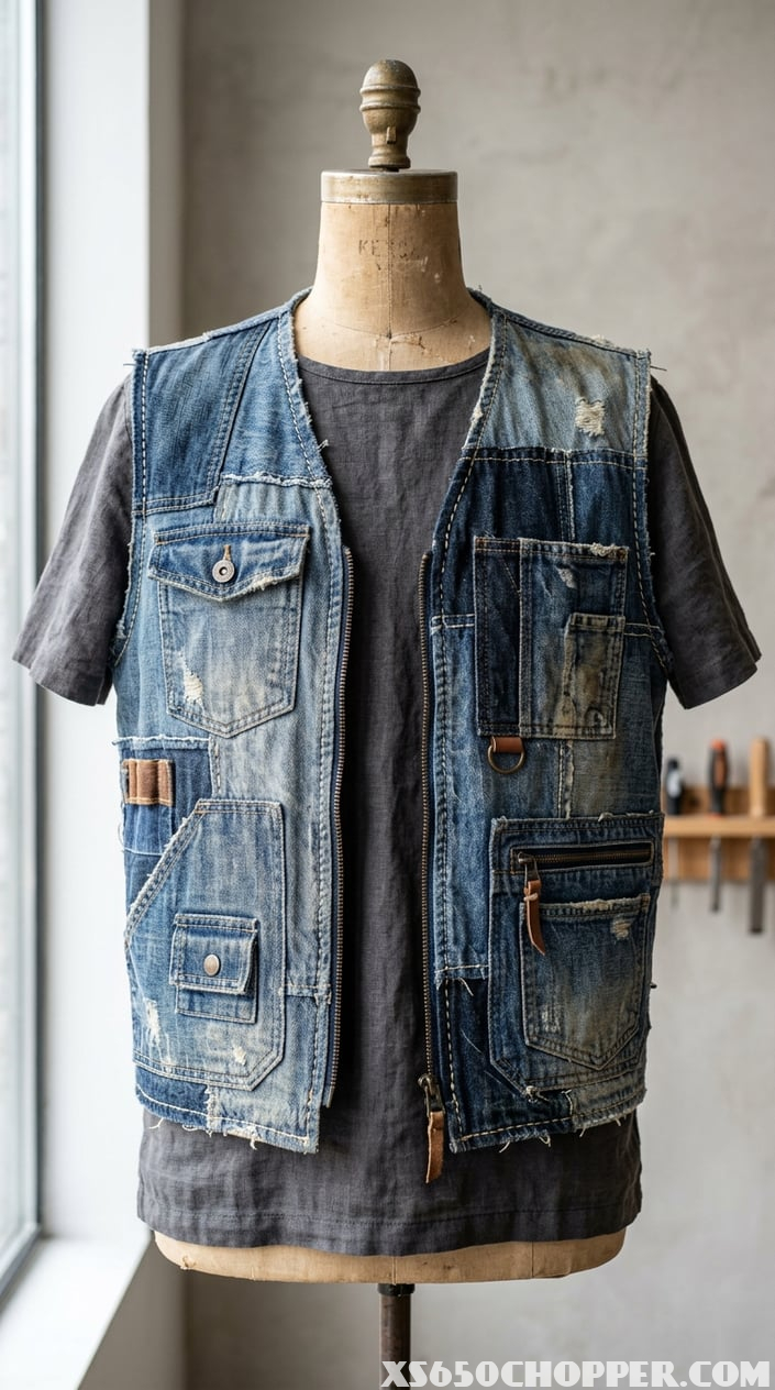 A denim patchwork utility vest displayed on a mannequin against a neutral background.