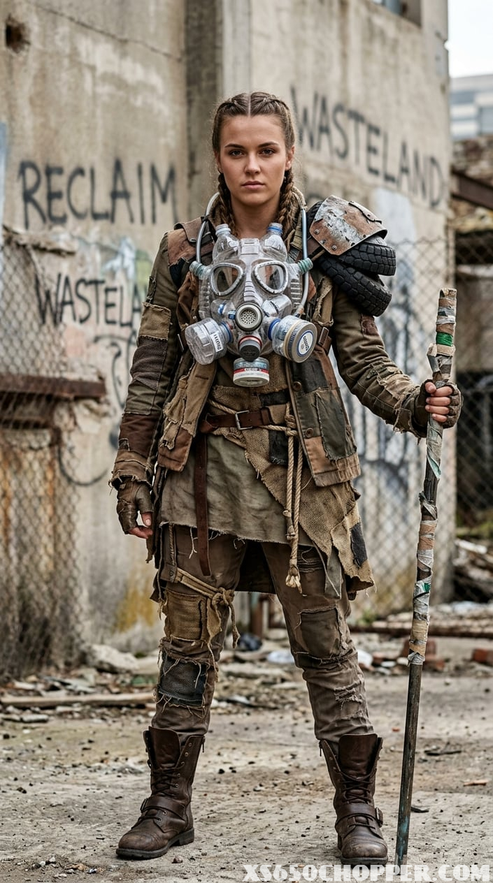 Person wearing a wasteland outfit with a gasmask made from recycled plastic bottles.