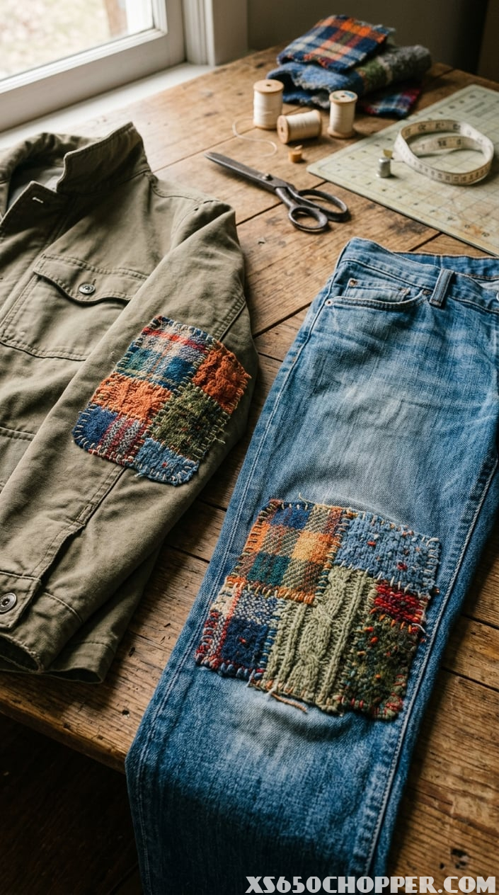 Close-up of denim jeans and a jacket with wool fabric patches on the elbows and knees, laid on a wooden table with sewing tools in the background.
