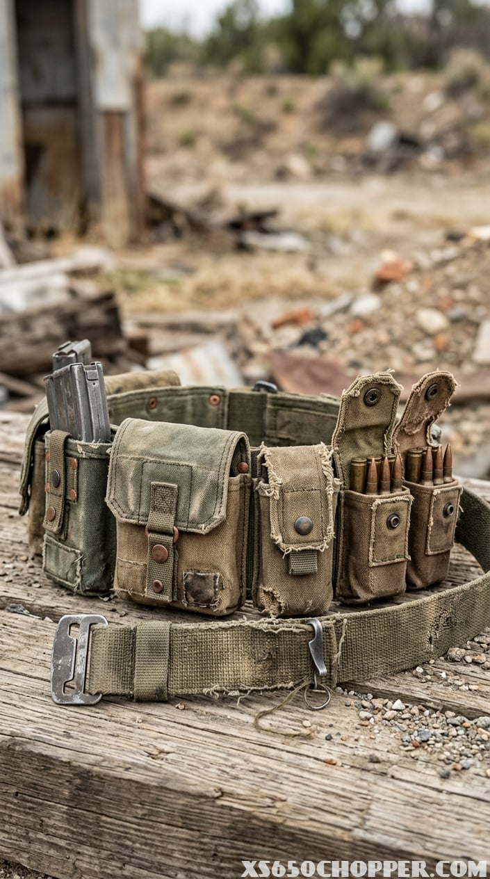 Close-up of a tactical belt with ammo pouches made from repurposed canvas bags, displayed outdoors.