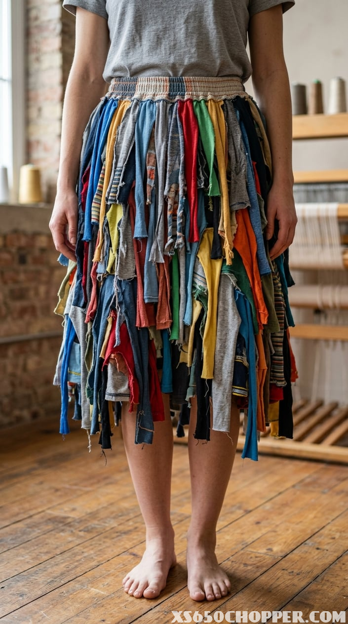 A layered skirt made from colorful strips of old T-shirts displayed on a mannequin.