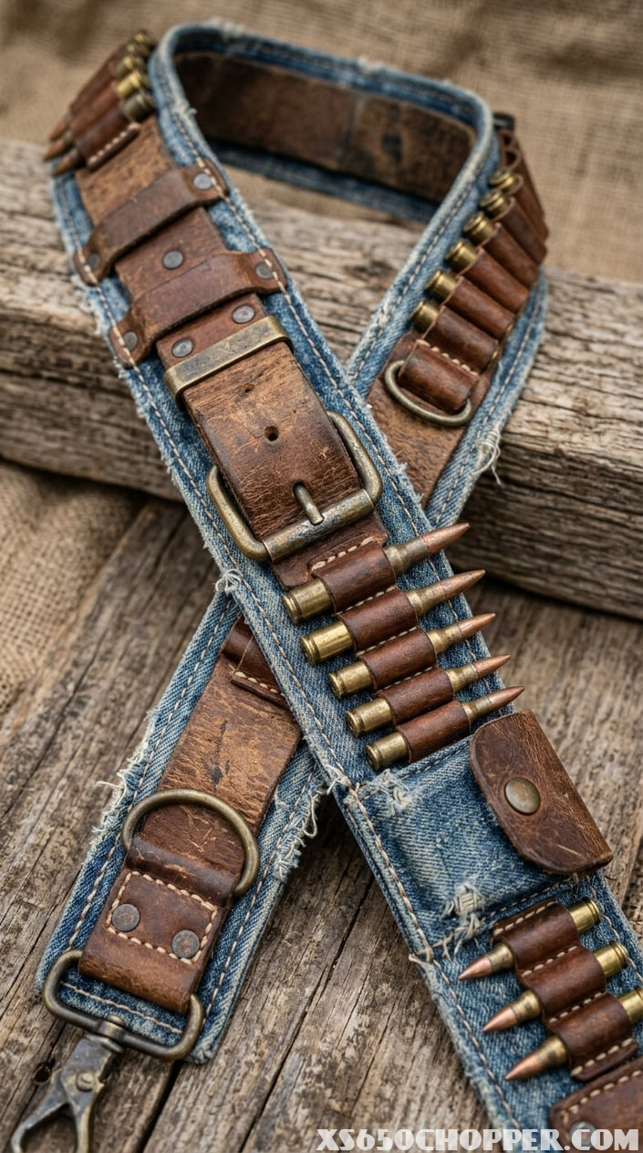 Close-up of a worn bandolier made from belts and denim straps against a neutral background.