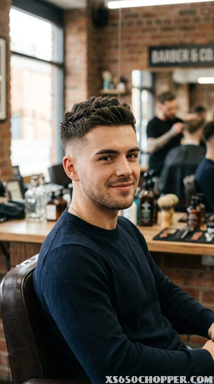 A young man with a short textured haircut and clean fade, sitting in a barbershop with a relaxed expression.