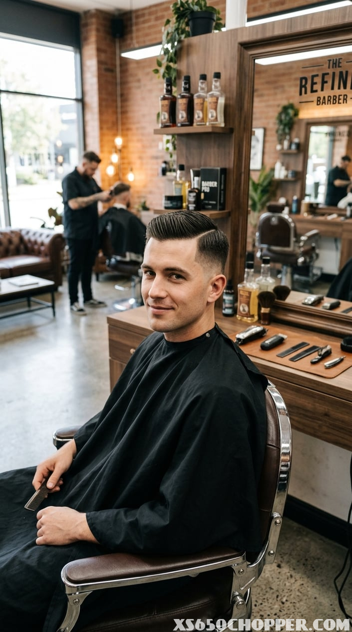 A young man sitting in a barbershop chair with a fresh haircut and a clean background.